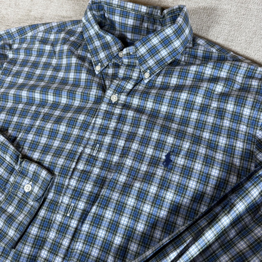 Ralph Lauren Button Down Shirt Mens 16 Blue Green Plaid L/S Cotton Classic